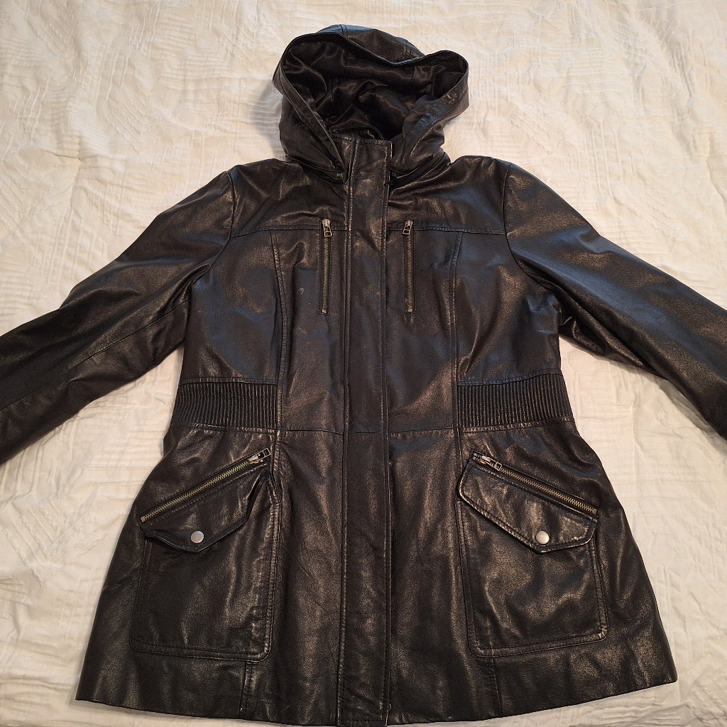 Danier Authentic Black Leather Insulated Winter Coat With Hood